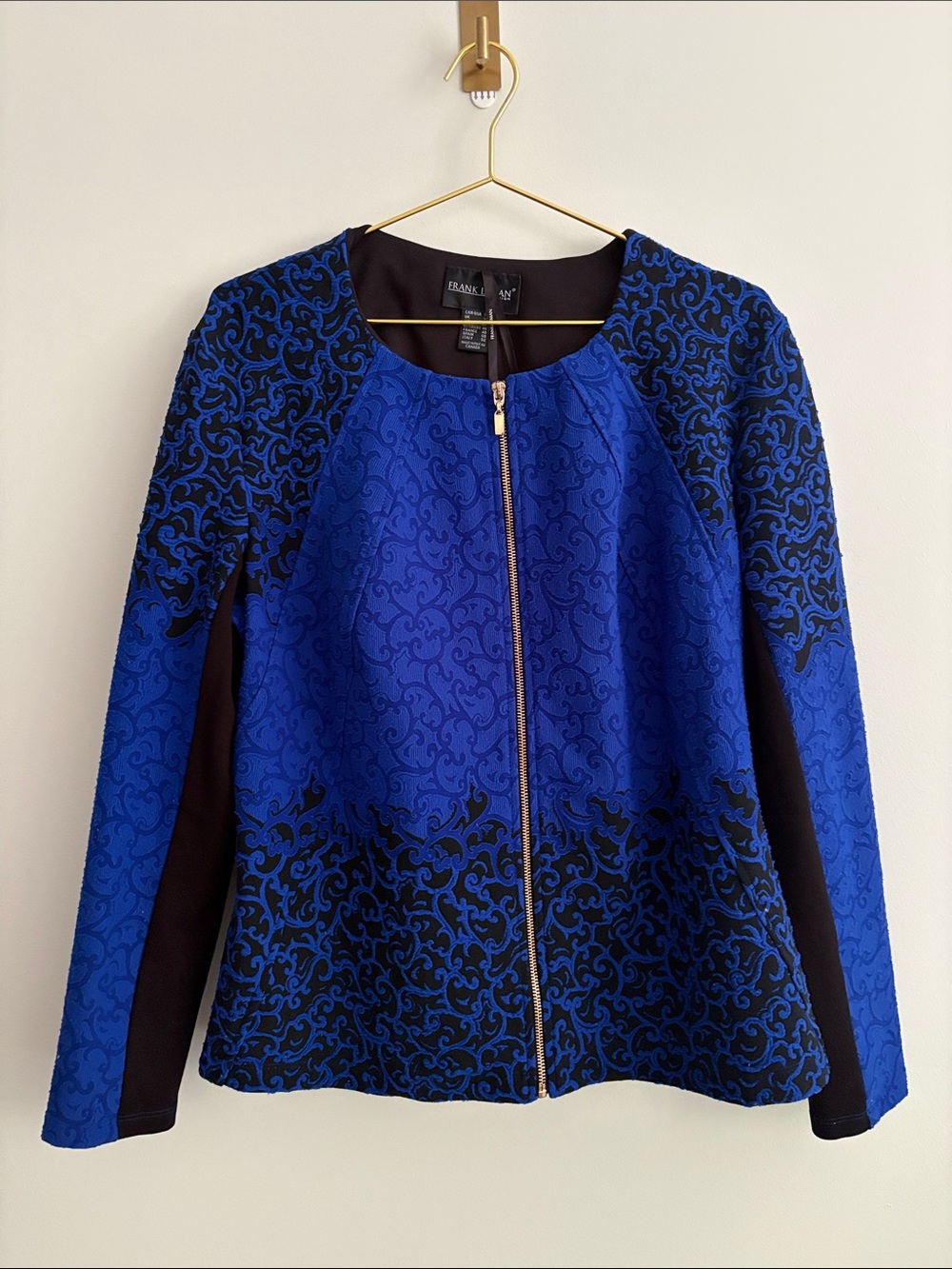 Frank Lyman Design Royal Blue Blk Zip Front Jacket Stretch Office Event Size 18